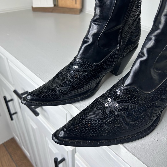 Helen’s Heart Black Sequin Western Boots Women’s 8 Pointed Toe Rhinestone Cowboy - Picture 3 of 8